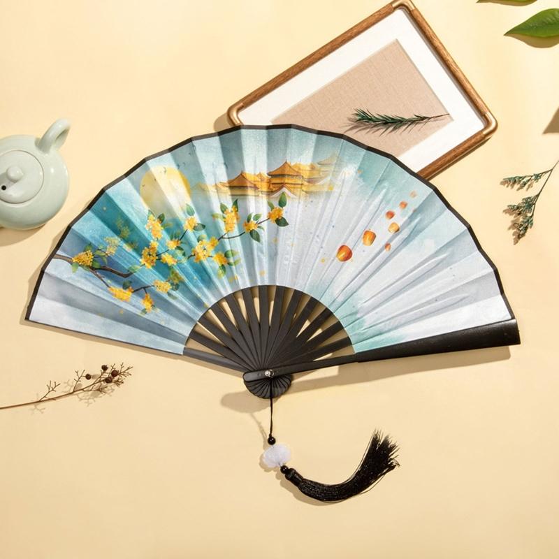 Chinese Double Sided Painting Folding Fan Vintage Handhelds Fan with Tassels Plastic Foldable Hand Fan for Parties