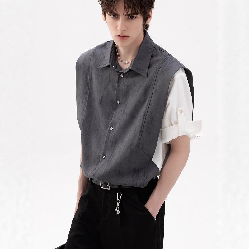 Men s Tie Dye Patchwork Sleeveless Button Down Shirt Casual Streetwear Top S серый