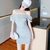Lady's Sexy Off Shoulder Mini Dress Summer Solid Color Slash Neck Slim Short Sleeve