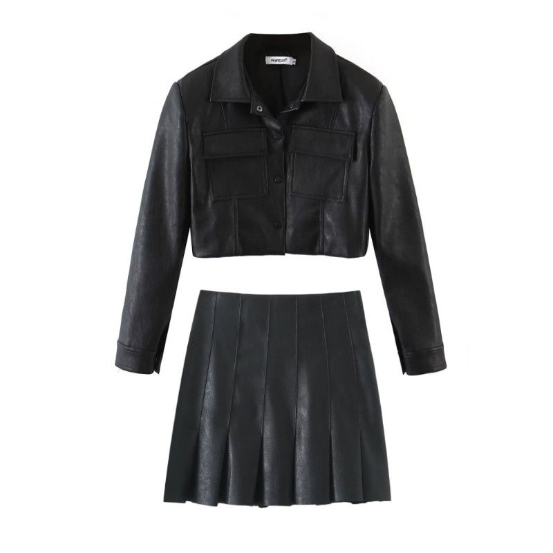 Li Tai Yuan Club Cool Fan Fried Street Fancy Retro Small Dress Leather Coat Pleated Skirt Sexy Suit
