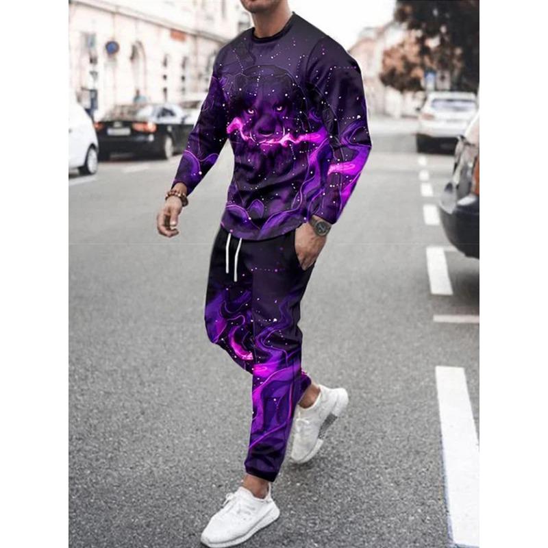 Men's Fashion Graffiti Novelty Pajamas Loungewear Set Autumn Men's Daily Casual Long-sleeved T-shirt Street Fashion Pants