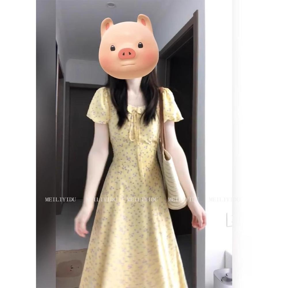 Holiday Style Square Collar Yellow Floral Dress, Advanced Design, Gentle Temperament, Bubble Sleeves, Waist Long Dress, Women