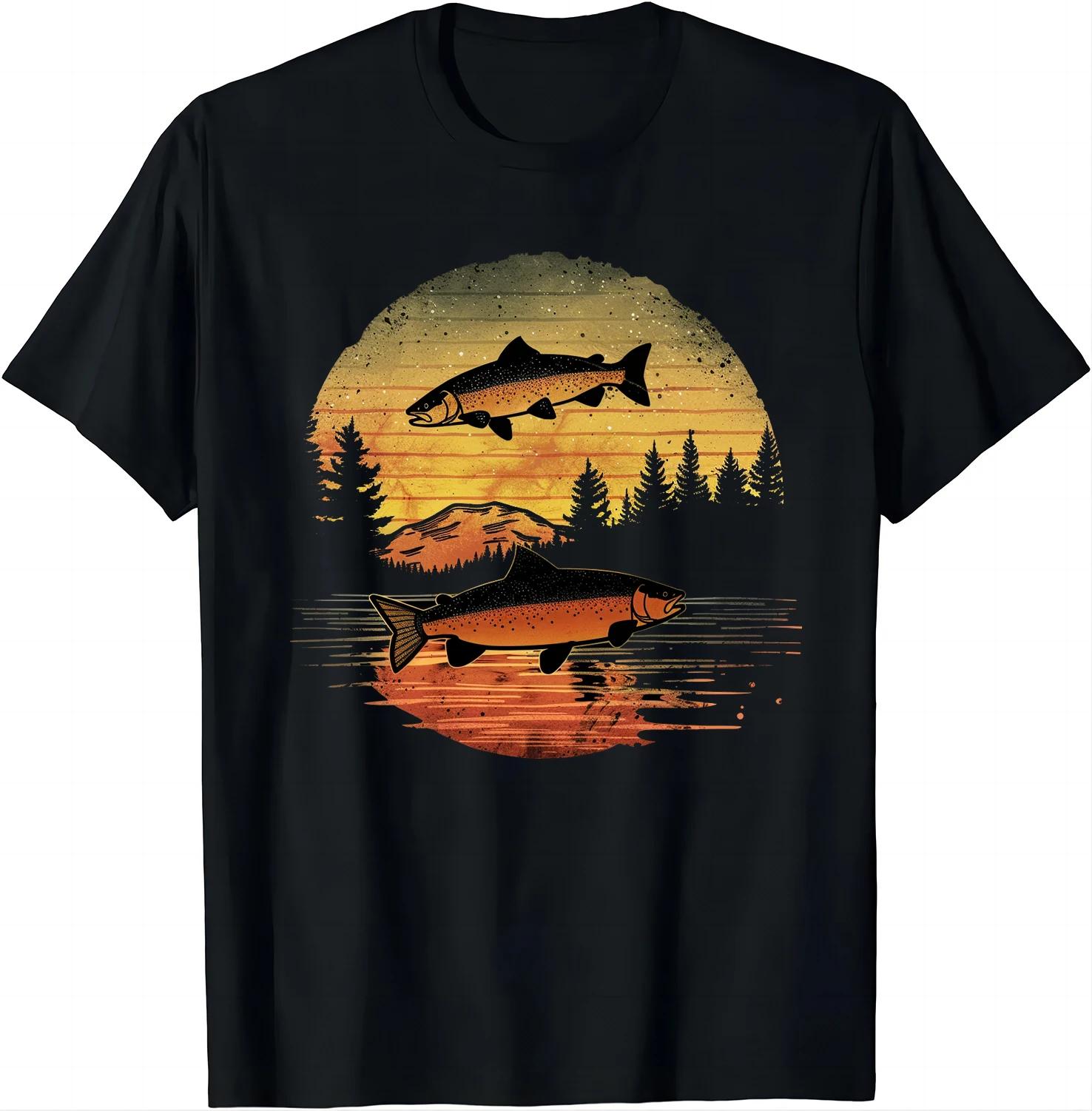BenberFashion Outdoor-ge&iuml;nspireerd Forel T-shirt - Vissen in de Zonsondergang T-shirt Grafische T-shirts Mannen Kleding Tops Camisas Streetwear Ropa Hombre 2XL