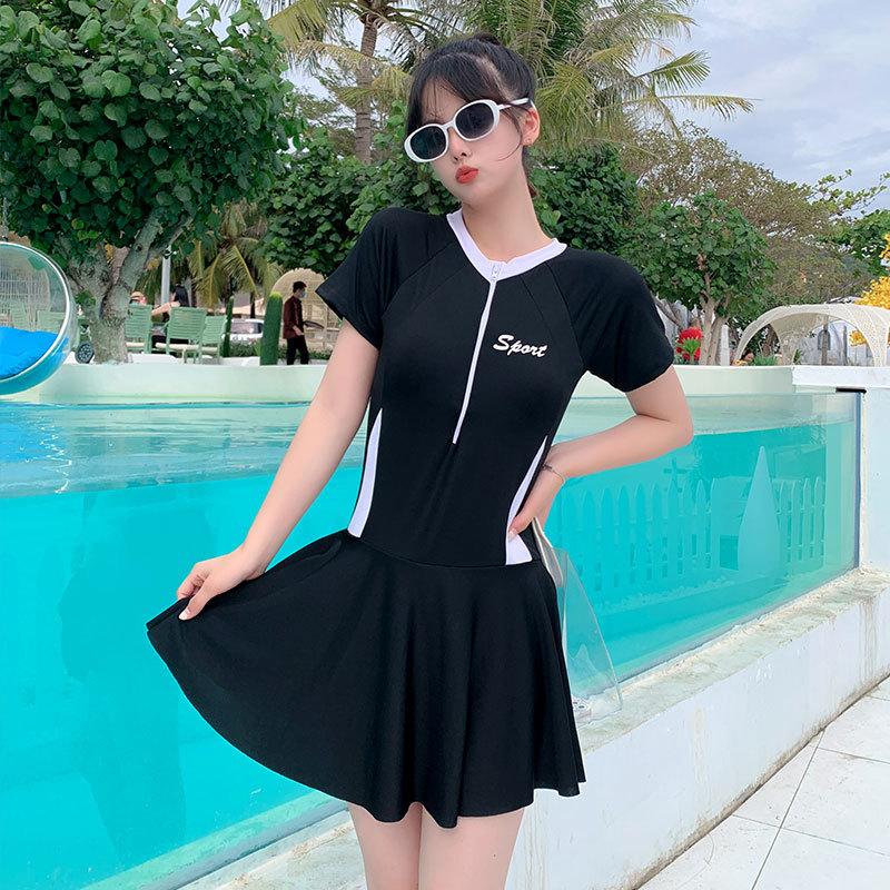 One-piece skirt swimsuit women conservative student 1011 new thin belly swimming hot spring diving sports swimsuit
