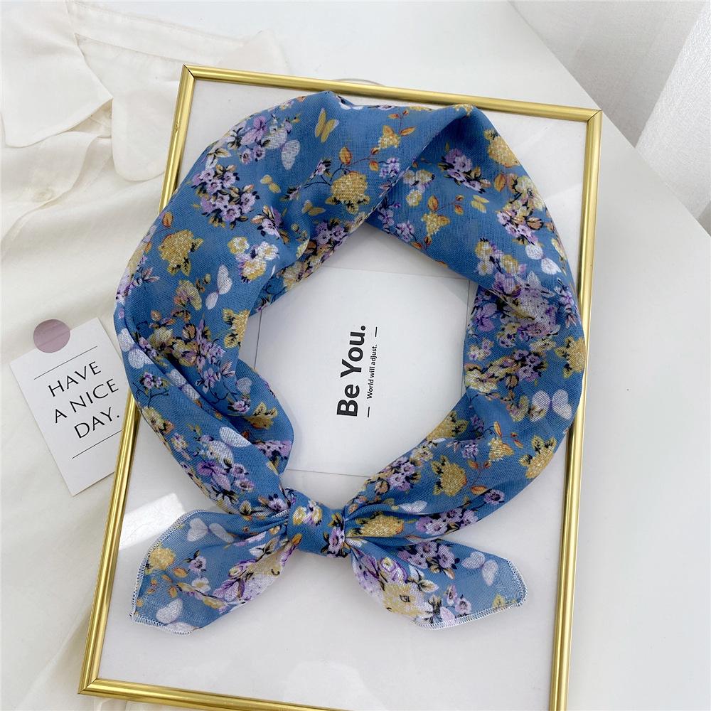 Floral Cotton Linen Silk Scarf: Women's Square Headband for Spring, Summer, Autumn - Korean Fresh Style