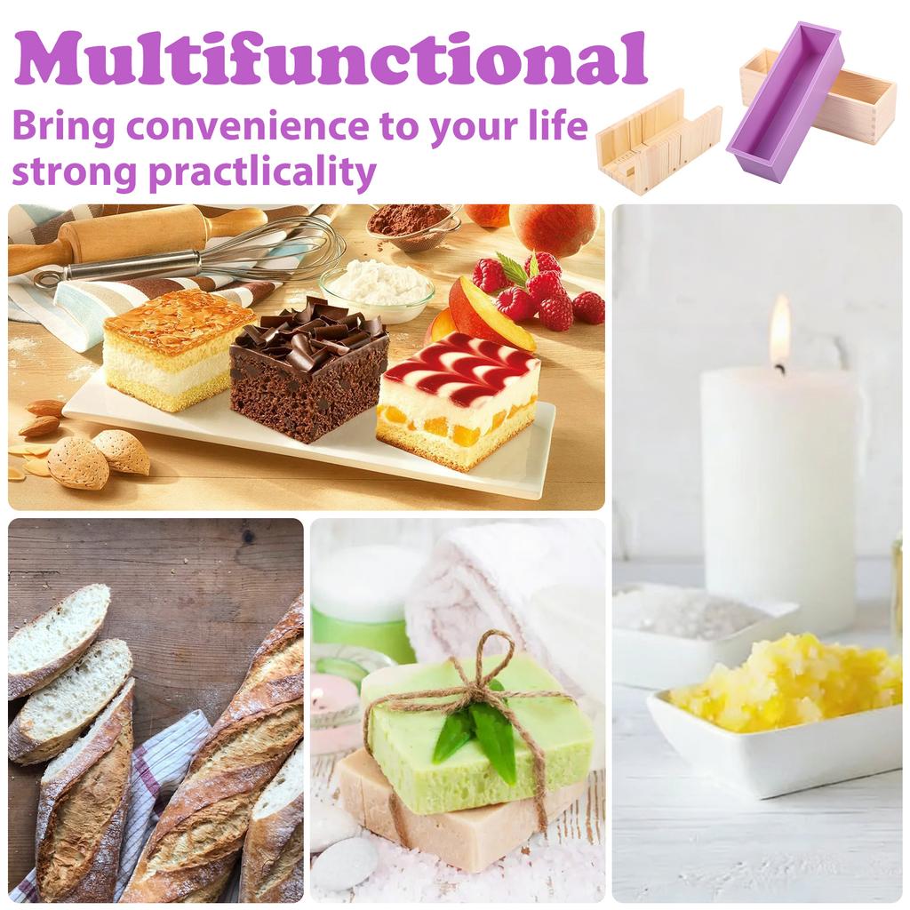 Wooden Soap Loaf Mould Set Rectangle Silicone Mould with Adjustable Wood Mold Cutter Box for DIY Soaps Making Bread Dessert