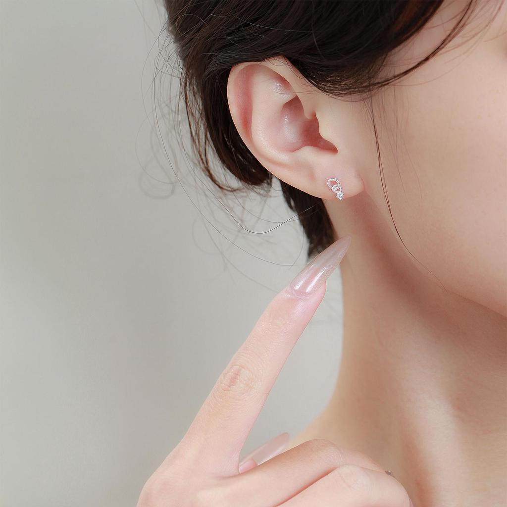 S999 Sterling Silver Geometric Double Ring Stud Earrings - Simple Design Silver Earring Accessories