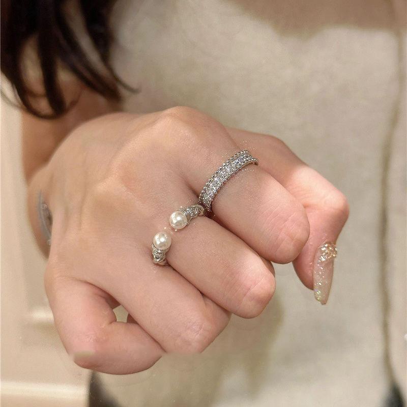 Trendy Geometric Zircon And Artificial Pearl Open Ring For Female Stylish Hand Jewelry