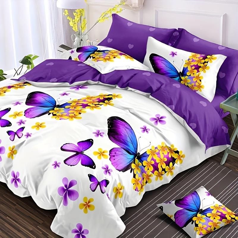 

Purple Butterfly Floral Duvet Cover Set 1 Duvet Cover + 2 Pillowcases Printed for Home And Dorm Use 90X200cm
