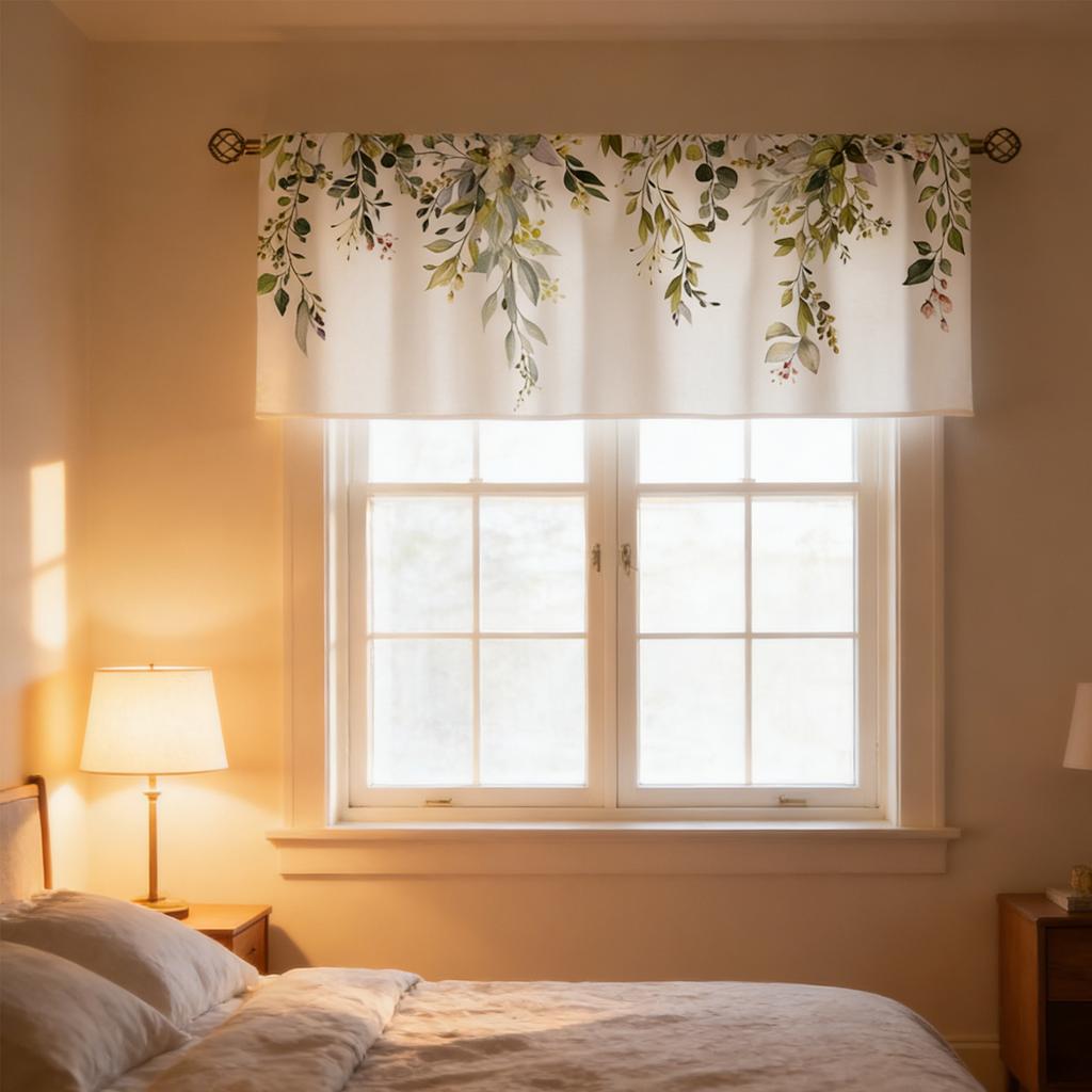 Green  Leavses Valances Kitchen Curtains Watercolor Floral Flower Plants Botanical  For Women Ptetty Bedroom Living Room