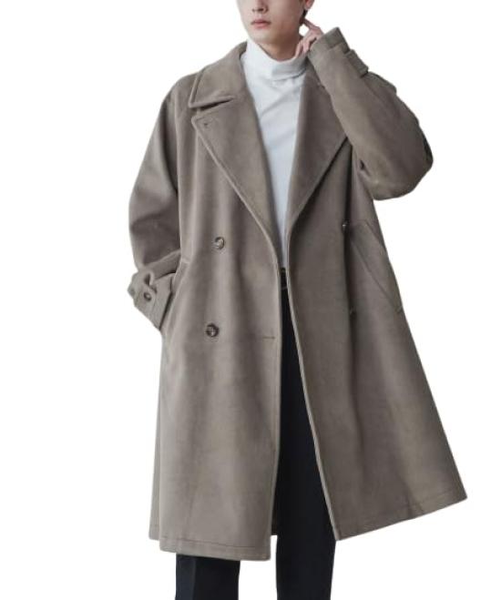 WEGO Type A Size Tailored Long Solid Korean Loose Men's Overcoat, Beige, (Melton Overcoat), L, Jacket, Coat, Spring/Winter Clothing, Color, Style,