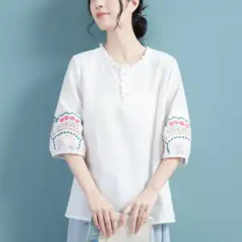 Women's Purple Embroidered Half Sleeve Blouse Ruffle Neck Casual Cotton Top