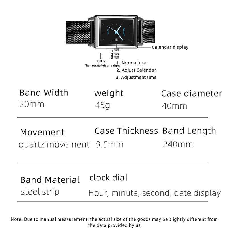 Neue eckige Uhr Mesh Quarzuhr Kalenderuhr Business Herrenuhr Studentenuhr Kleine Uhr