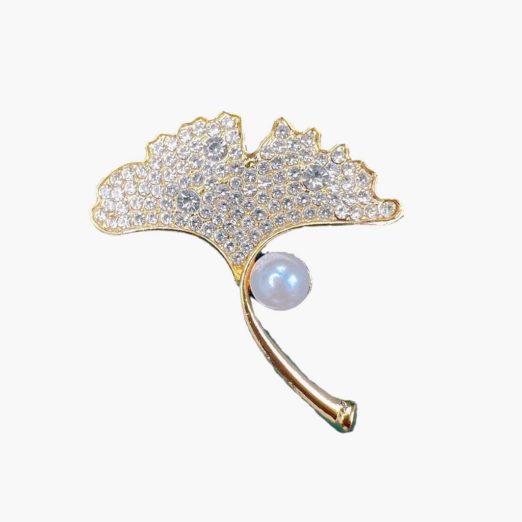 Ginkgo Leaf Pearl Diamond Brooch & Scarf Buckle for Women's Coat Accessory