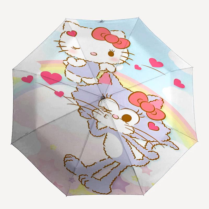 1pc Hello Kitty & Catty Chan Automatic Folding Umbrella - Portable 3-Fold Design with Iron Frame - Outdoor - Ideal Gift for Fans, Travelers, Daily Use
