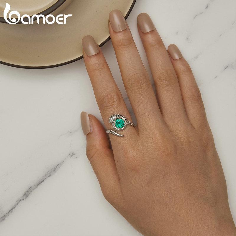 Bamoer 925 Sterling Silver Green Spinel otevírací prsten Vivid Snake Nastavitelný prsten pro ženy Jemné šperky z kubických zirkonů