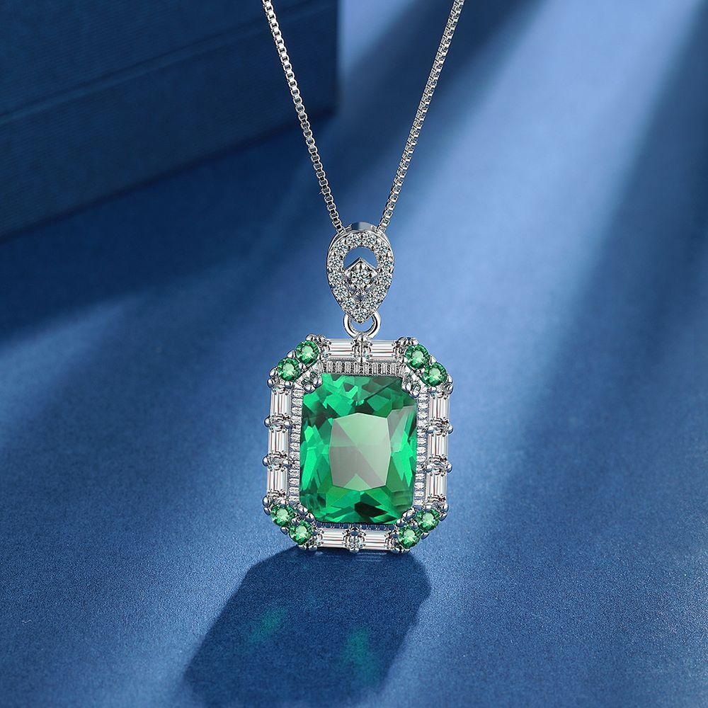 925 Sterling Silver Vintage Luxury Square Green Crystal Zircon Necklace Wedding Anniversary Birthday Anniversary Party Gift