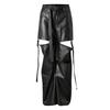 Punk Style Cut-Out PU Leather Pants Women Loose Straight Leg Casual Trousers Streetwear Fashion