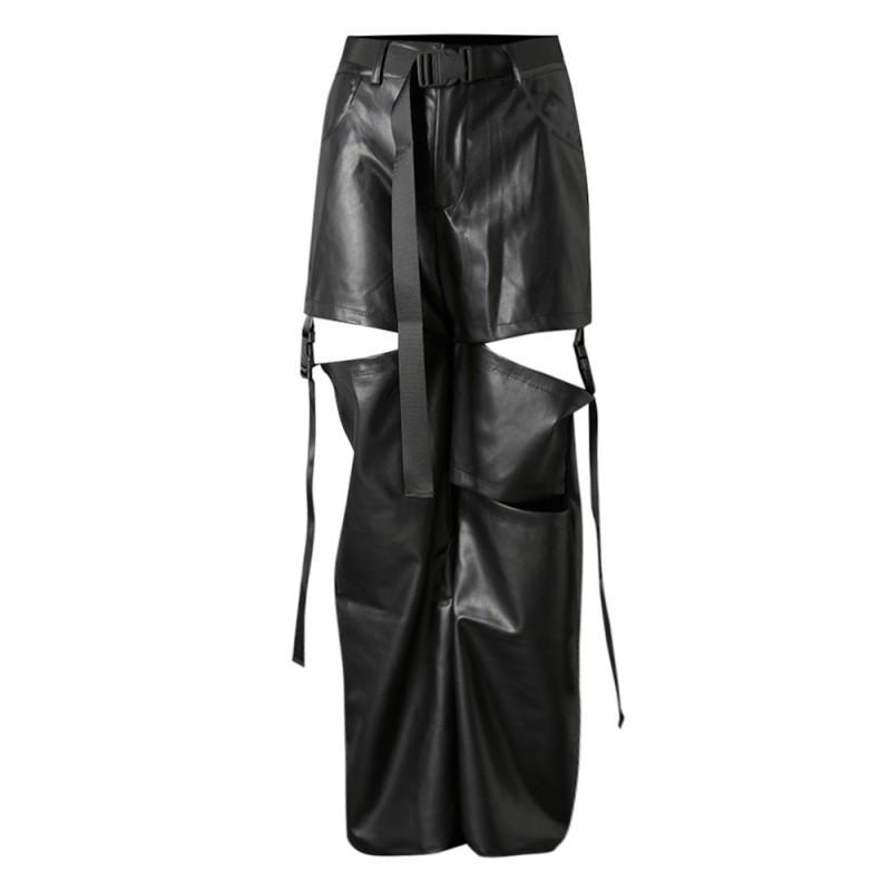 Punk Style Cut-Out PU Leather Pants Women Loose Straight Leg Casual Trousers Streetwear Fashion