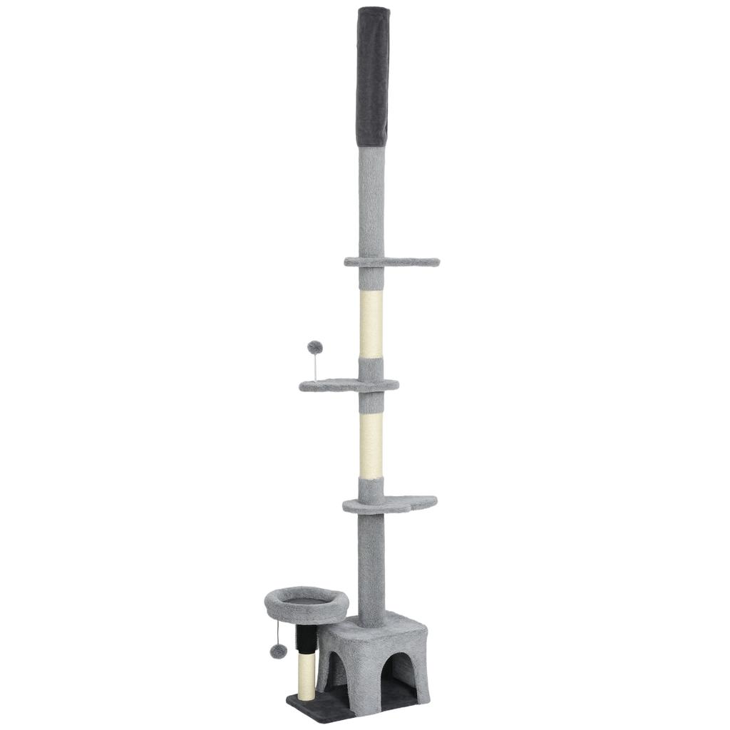 Floor-to-Ceiling Cat Tree, Height-Adjustable 225-255 Cm, Multiple Levels, Plush Covering, Grey