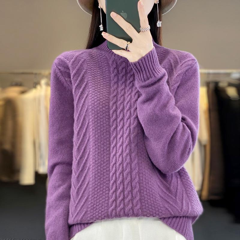 2023 Women's Autumn/Winter Thick Cable Knit Semi-High Neck Sweater