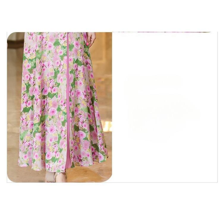 High End Summer Dress Women Flowy Chiffon Fake Two Piece Long Dress Slim Fit Floral Print