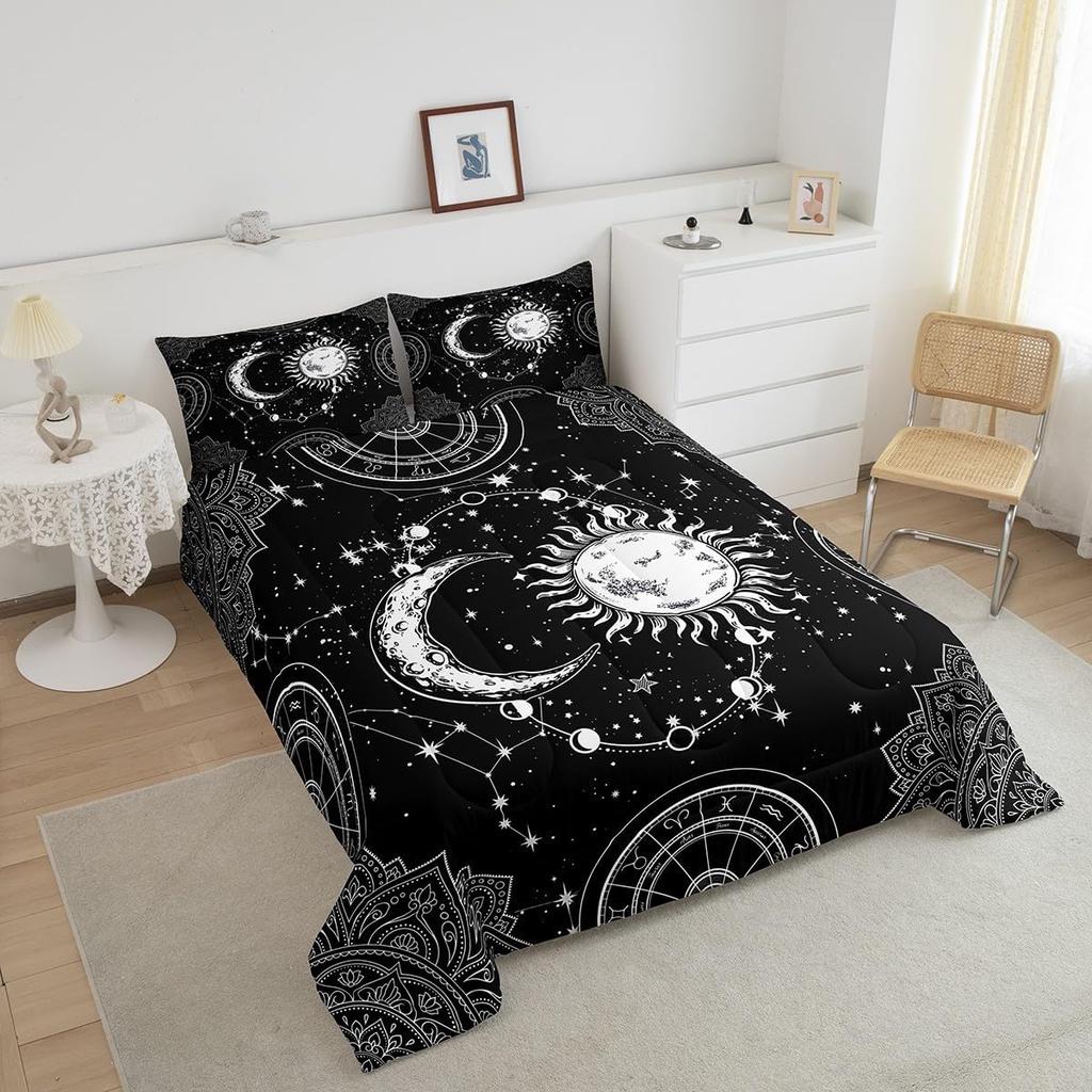 Sun and Moon Bedding Set Constellation Galaxy Comforter for Kids Boys Girls Teens Psychedelic Boho Mandala Comforter Breathable Celestial Du
