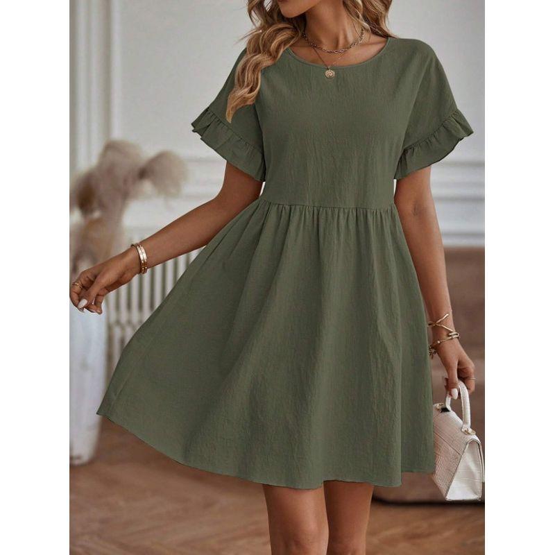 Solid-Color Pocket Women's Dress Solid Loose Short sleeve Women clothes round Neck Dress Women