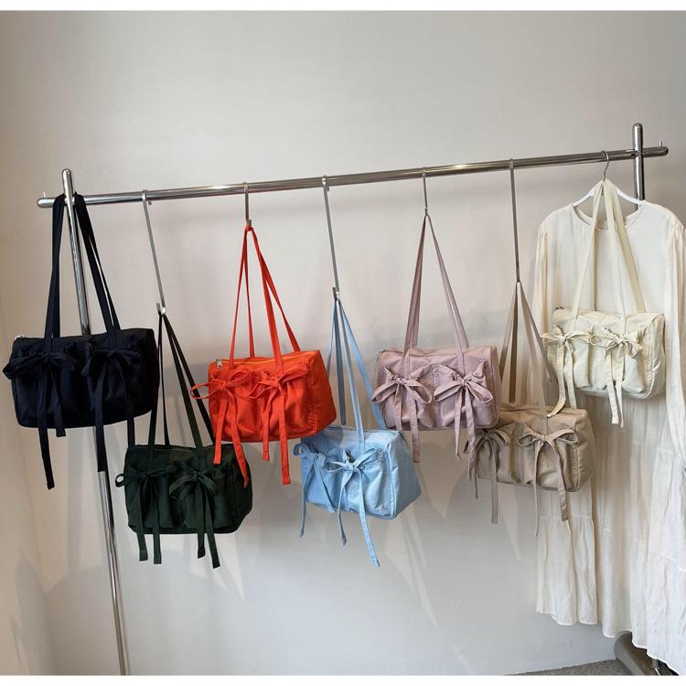 Casual Bow Design Nyl Shoulder Bags for Women Commute Lightweight Large Capacity Ladies Tote Candy Color Female Handbags
