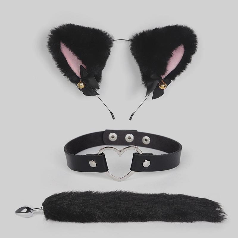 Bondage Katzenanzug mit Schwanz Analplug, Halsband & Knebel
