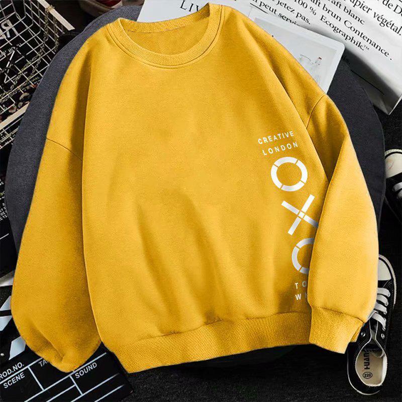 Men's Trendy Loose-Fit Hoodless Sweatshirt - Hong Kong Style, Fleece-Lined, Spring & Autumn, Round Neck, Couple's Pullover.