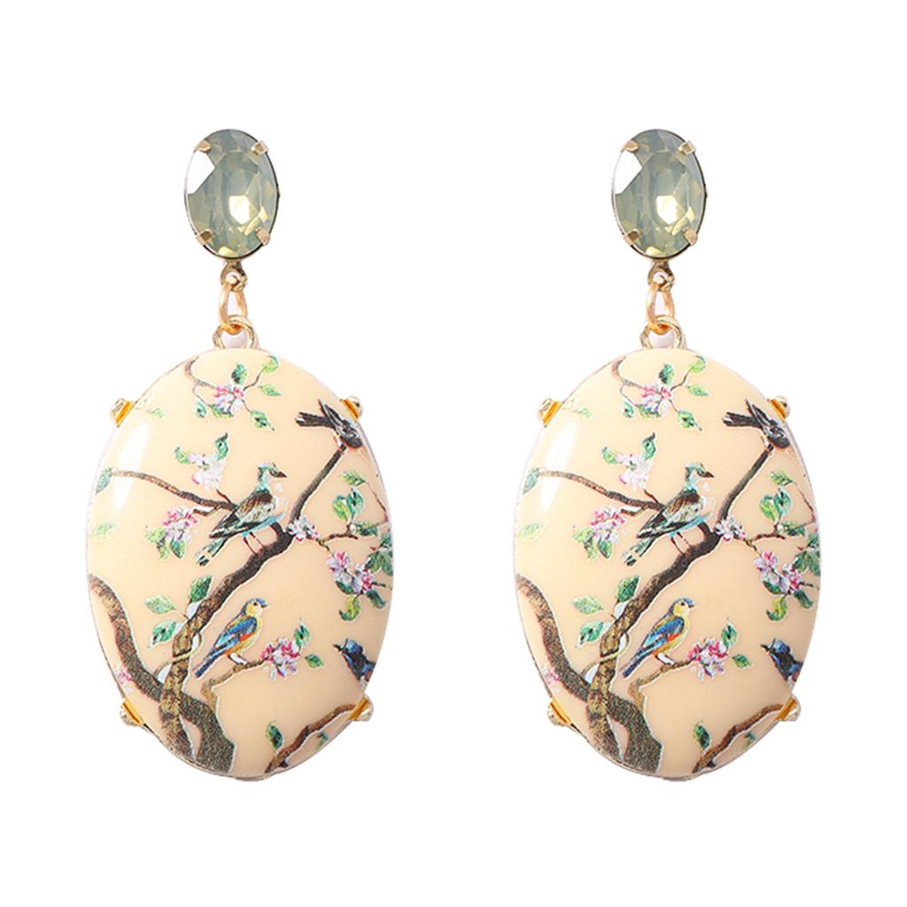 New Chinese style printed oval earrings, niche design sense, colored diamond stud earrings, gentle and elegant, versatile women's models