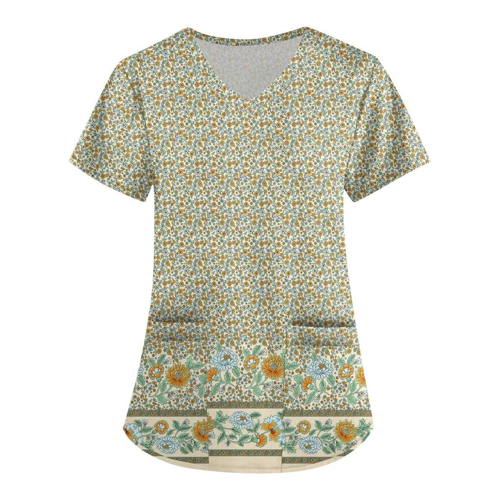 Women's Cute Printed Work Clothes V-neck Double Layer Pockets Basic Short Sleeve Top Pullover Valentines