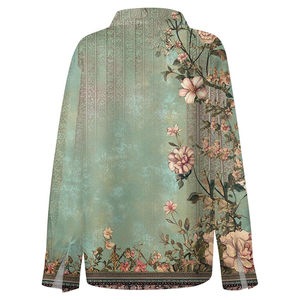 Women's Shirt With Floral Print Buttons, Long Sleeved Casual Regular Shirt Collar Top