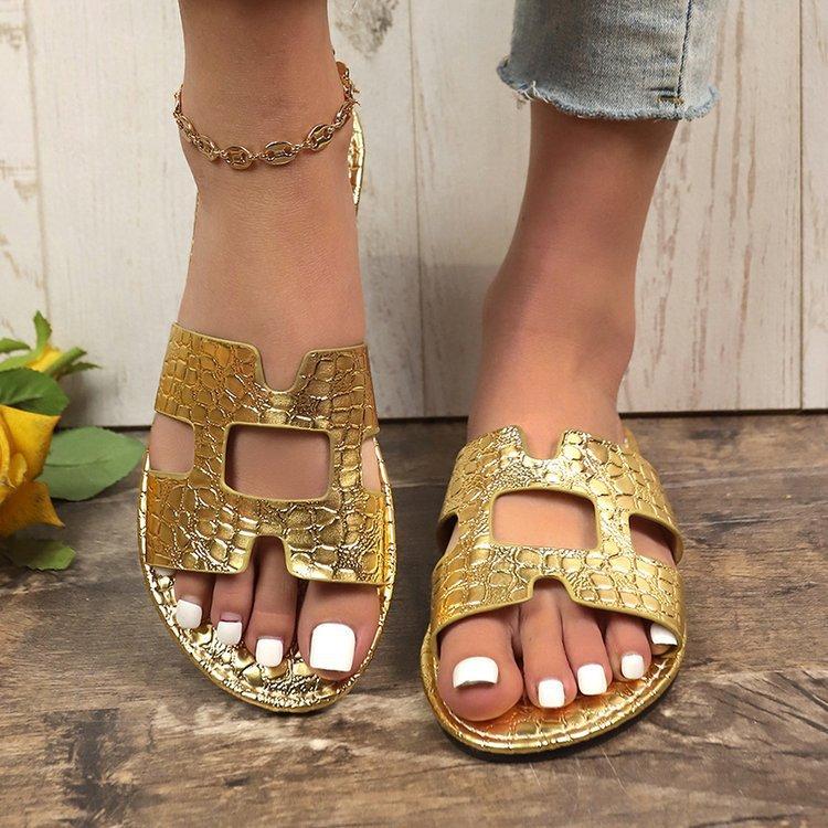 Women's Summer Luxurious Outwear Flat Bottom Slippers Tourist Beach Holiday Sandals Classic Fashion Leather Slides Outdoor