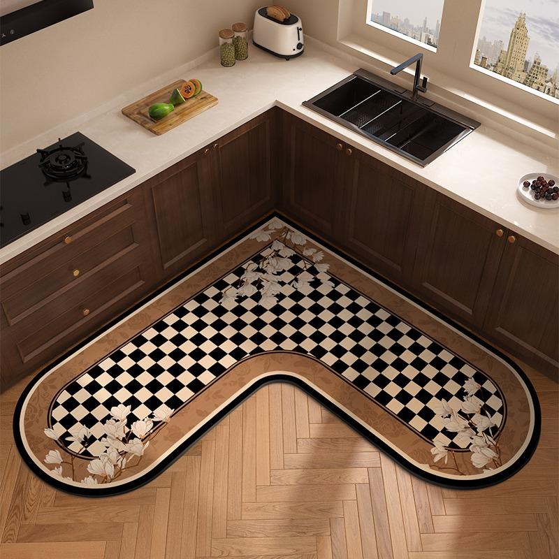 L-shaped Carpet for Kitchen Absorbent Non-slip Floor Mat Minimalist Retro Style Home Decoration Rug Oil Absorption Wipeable