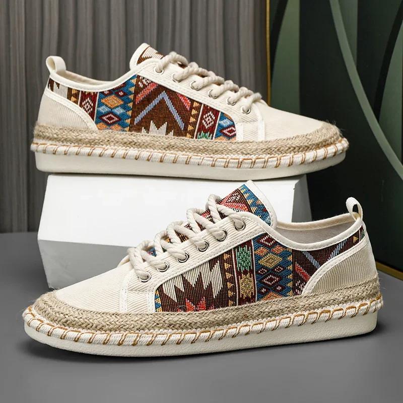 Hot Sale Ethnic Style Men's Canvas Shoes Sewing Casual Flat Shoes Man Breathable Fisherman Shoes Men Espadrilles zapatos hombre
