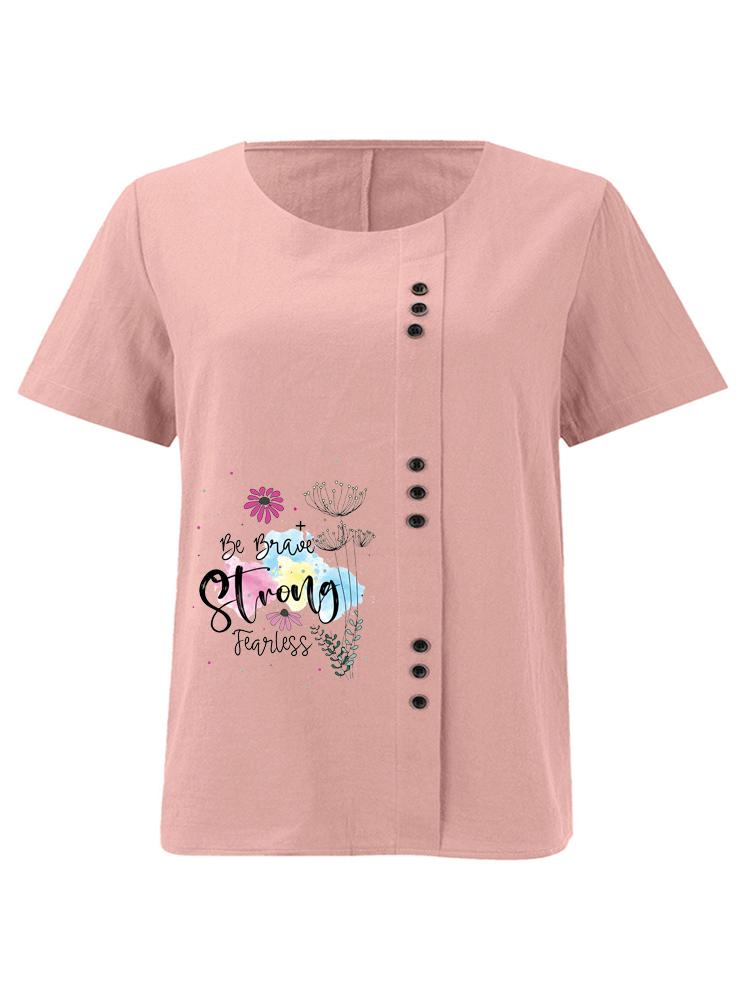 Women s Fashion Dandelion Letters Print Shot Sleeve T-shirt Loose Cotton Shirt Casual Loose Summer Plus Size Blouse Tops S розовый