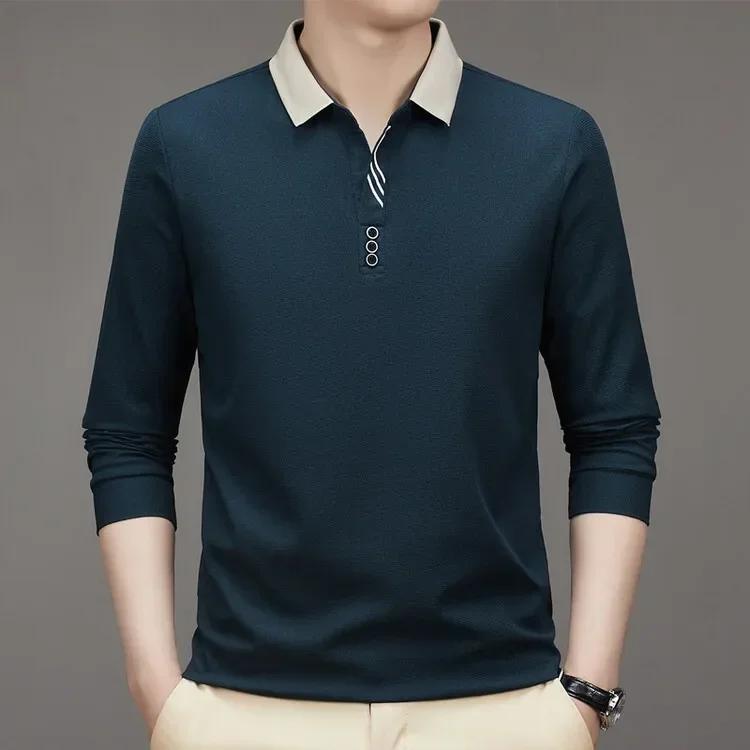 Polo da uomo a maniche lunghe con colletto rovesciato e motivo a nido d'ape, casual da lavoro, con linee a contrasto