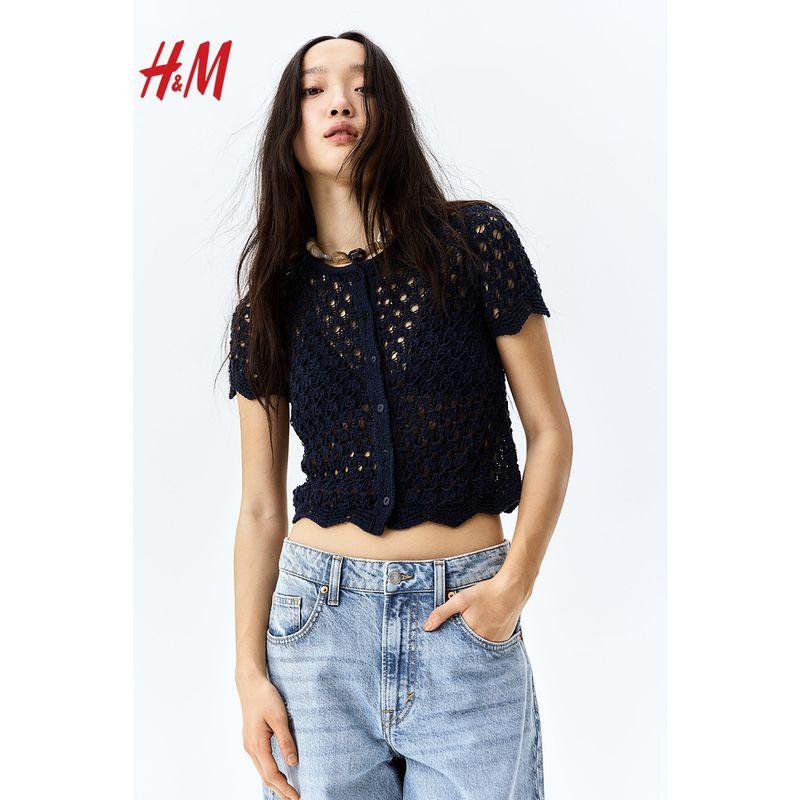 

HM Women clothes Woolen Sweater 2025 Summer New Short Sleeve Hollow Knitted Fashion round Neck Short Cardigan 1276248 Navy blue 155/76(XXS)