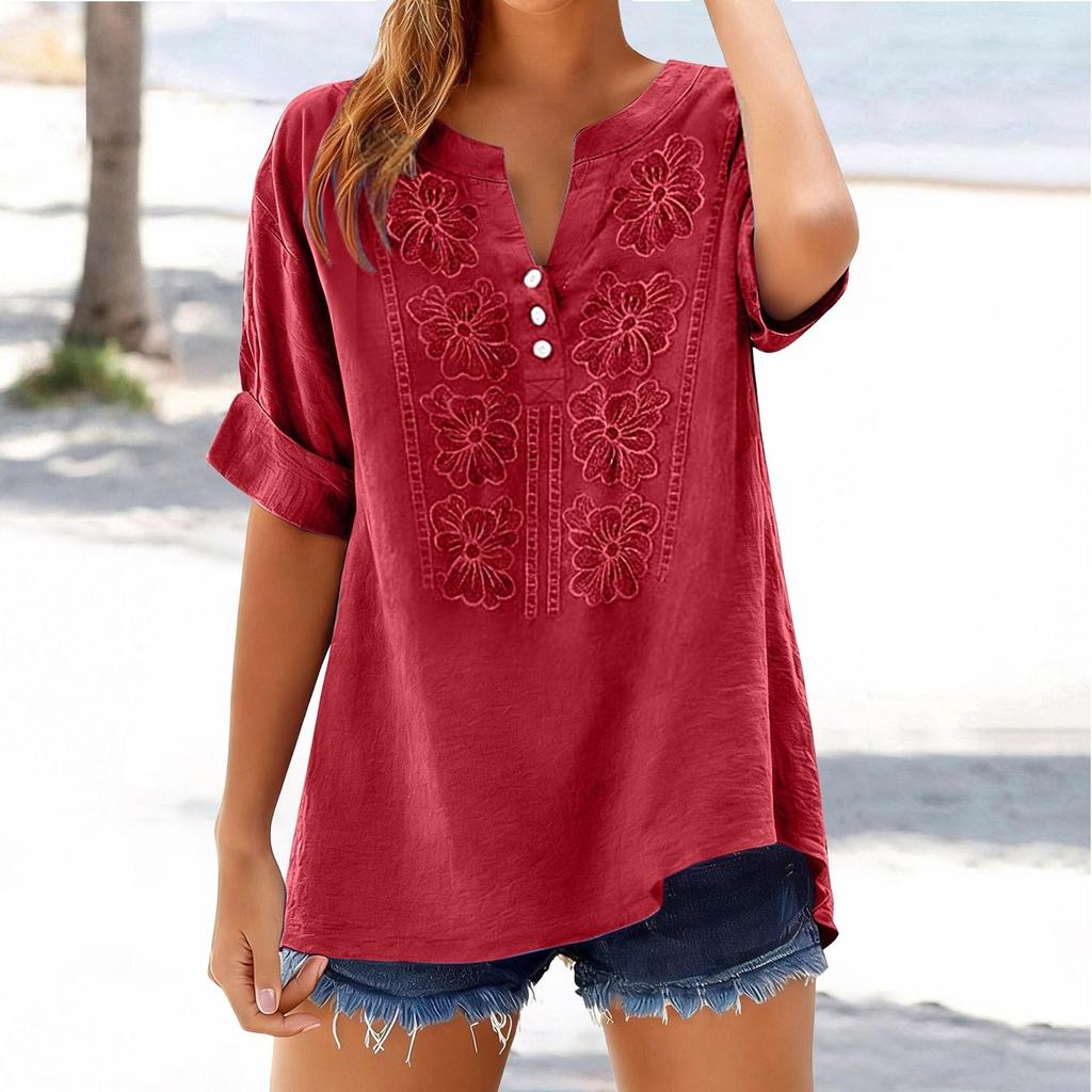 Women's Fashionable Casual Loose-Fit Embroidered Button-Up V-Neck T-Shirt Top