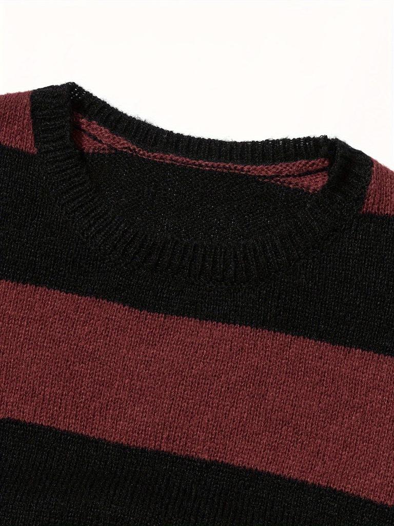 Men's Retro Wool Knitwear: Color Block Striped, Round Neck, Soft & Cozy, Loose Fit, Autumn/Winter Edition.
