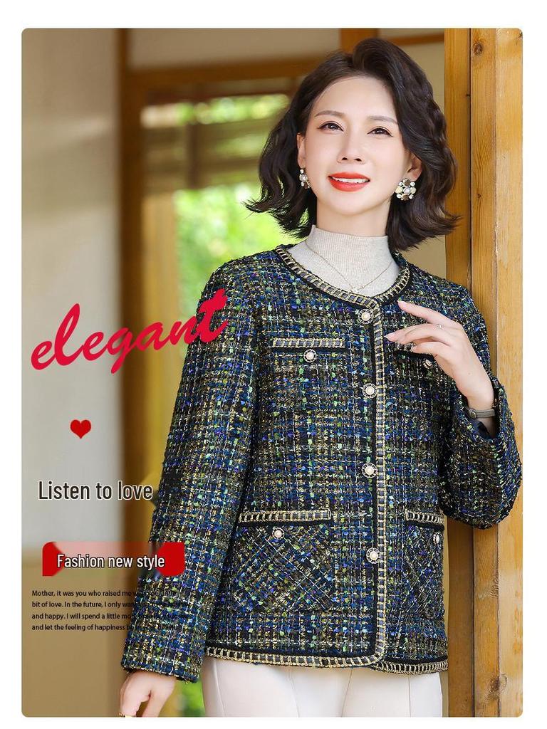 Korean Style Elegant Round Neck Color Block Coat for Women’s Autumn/Winter - Small Fragrance Style for Middle-Aged and Elderly Ladies.