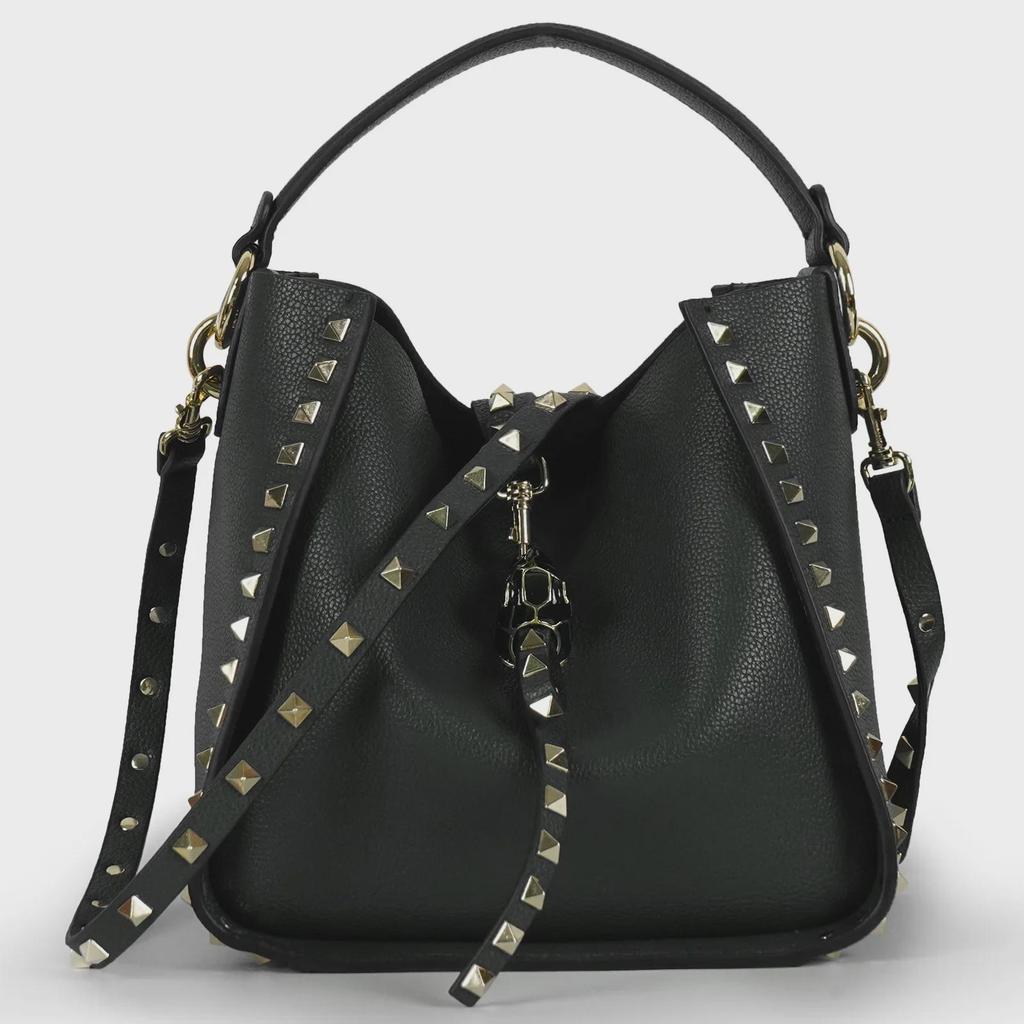 Women's Retro Rivet Cowhide Bucket Bag with Leopard Head Design