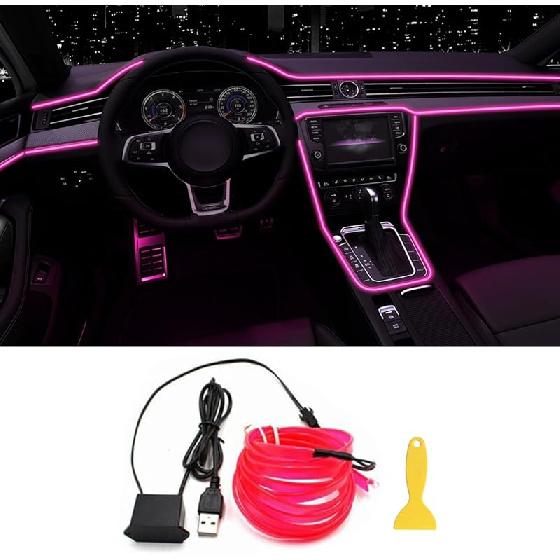 EL Wire Interior Car LED Strip Lights, 16.5FT USB Neon Glowing Strobing El Wire Strip With 6Mm Sewing Edge, Ambient Lighting Kits For Car Ide