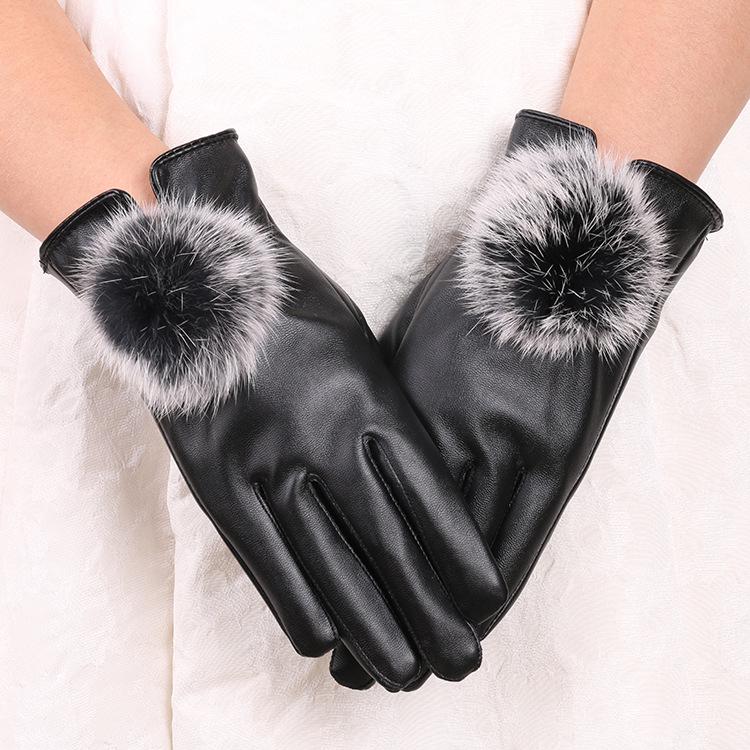 Warm Leather Gloves for Women Rabbit Fur Ball Gloves PU Leather Touch Screen Cute Plus Velvet Riding Cold Proof Autumn and Winter Gloves