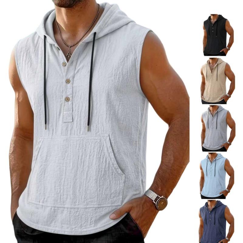 Men's White Linen-Look Sleeveless Hoodie Henley Neck Tank Top with Kangaroo Pocket