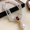 Flower Rhinestone Drop Simulation Pearl Necklace Earring Set French Style Chain Jewelry Sets for Women
