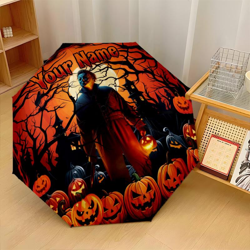 Custom Text Automatic 8 Bone Umbrella, Portable Sun Rain Protection UmbrellaHalloween Michael Myers