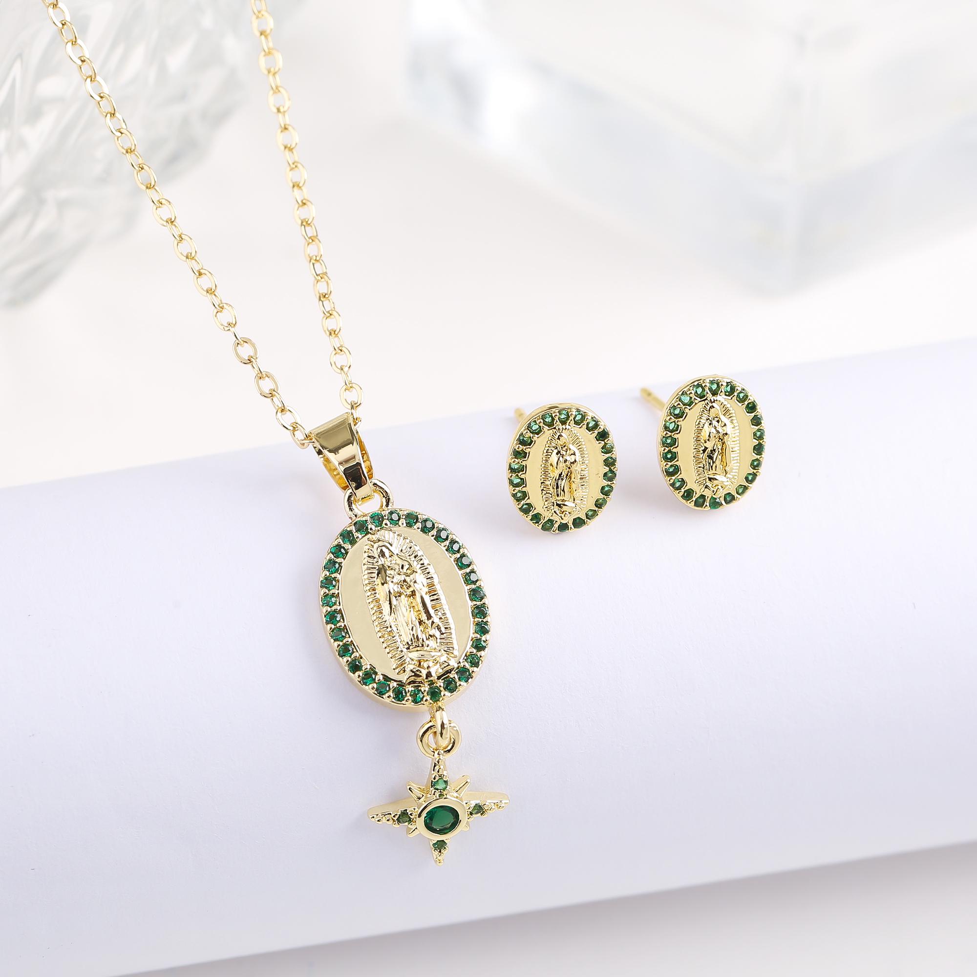 

New Trendy Creative Oval St. Jude Zirconia Zircon Set Necklace Earrings Classic for Religious Zircon Accessories For Men Women зелений